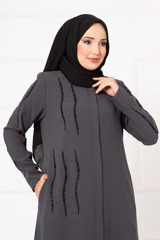 Stone Detailed Honeycomb Abaya Anthracite