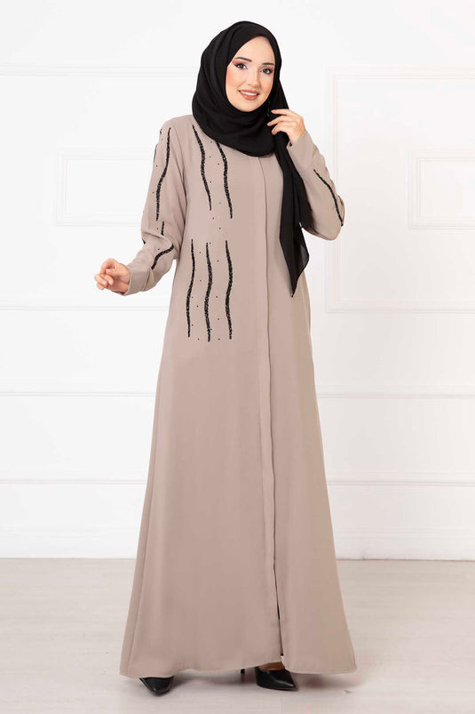 Stone Detailed Honeycomb Abaya Beige