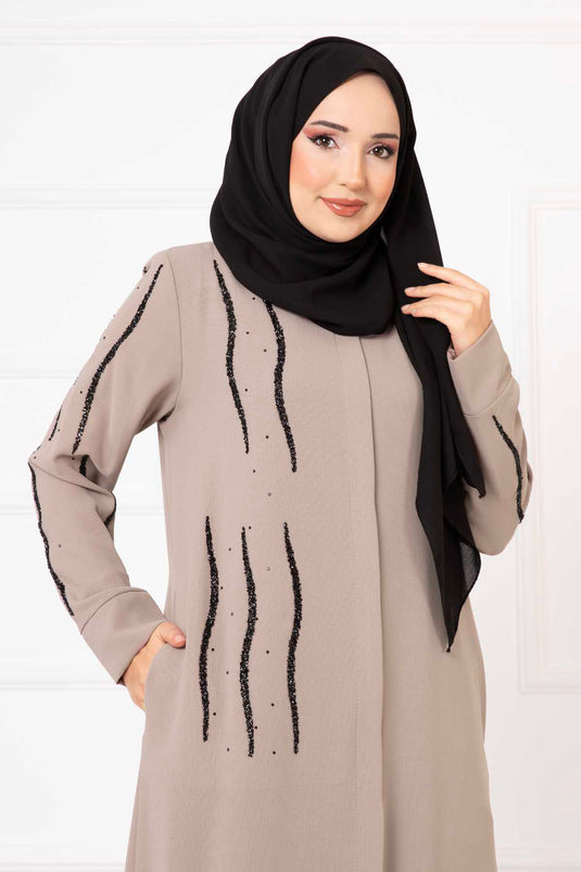Stone Detailed Honeycomb Abaya Beige
