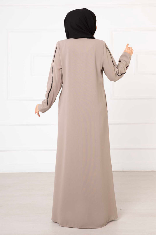 Stone Detailed Honeycomb Abaya Beige