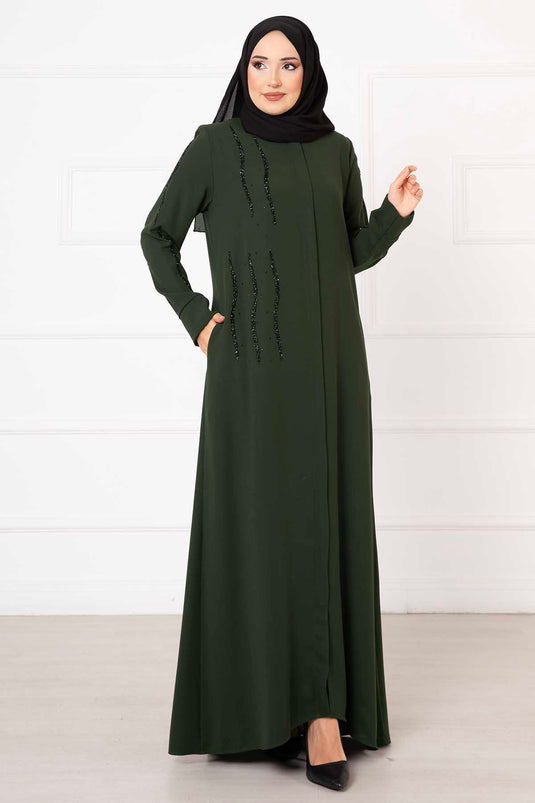 Stone Detailed Honeycomb Abaya Khaki