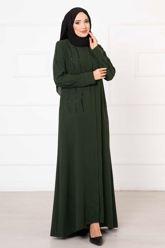 Stone Detailed Honeycomb Abaya Khaki