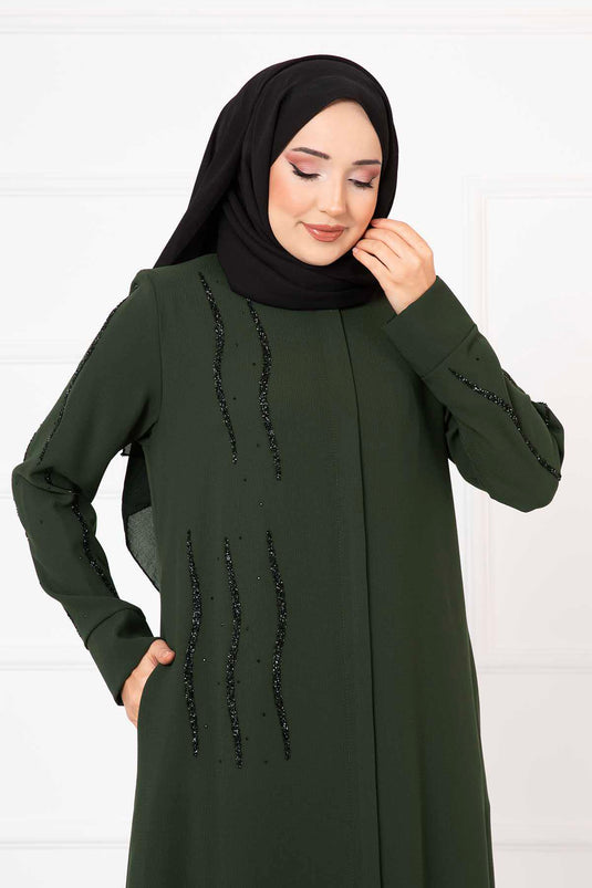 Stone Detailed Honeycomb Abaya Khaki