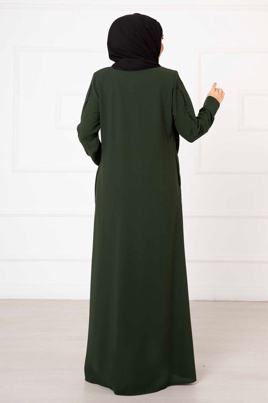 Stone Detailed Honeycomb Abaya Khaki