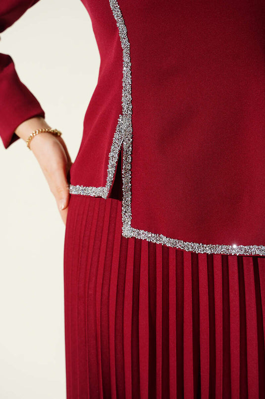 Taş Detaylı Pileli Etekli İkili Takım Bordo