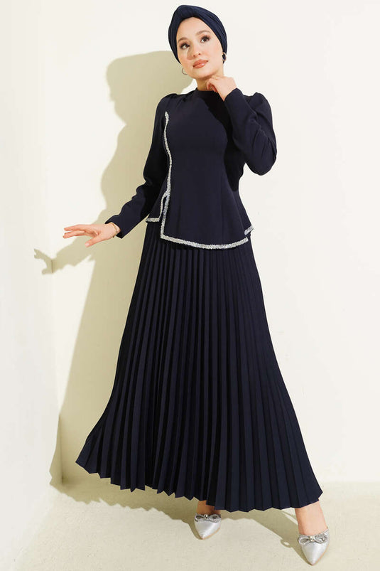 Stone Detailed Pleated Skirted Two Piece Suit Navy Blue