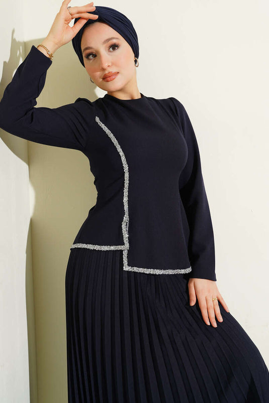 Stone Detailed Pleated Skirted Two Piece Suit Navy Blue