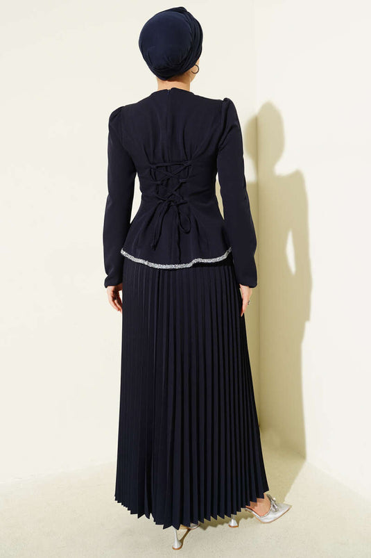 Stone Detailed Pleated Skirted Two Piece Suit Navy Blue