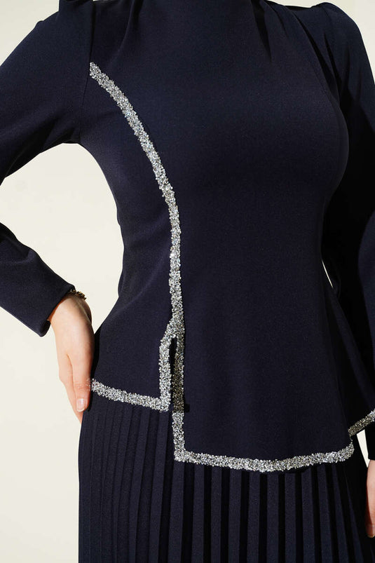 Stone Detailed Pleated Skirted Two Piece Suit Navy Blue