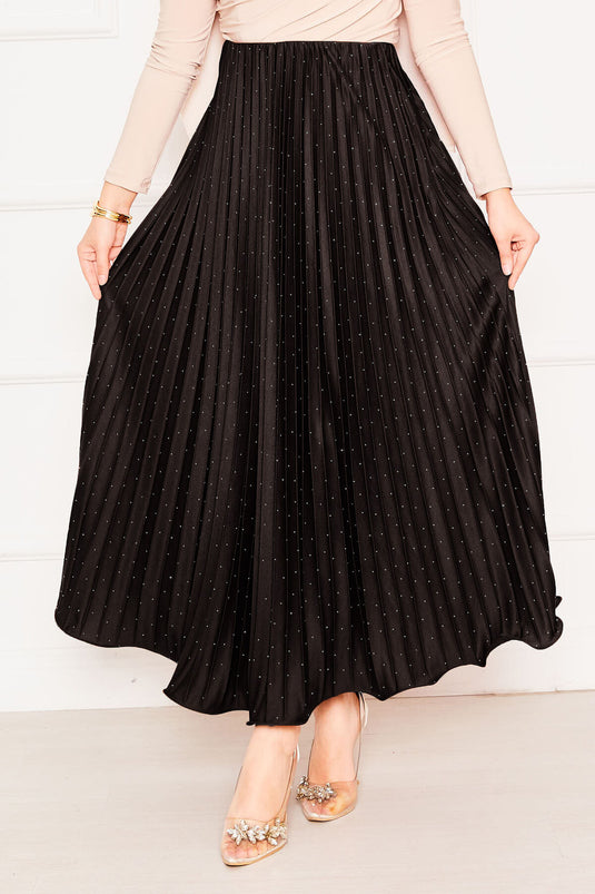 Stone Detailed Pleated Jersey Skirt Brown