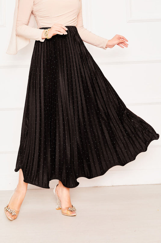 Stone Detailed Pleated Jersey Skirt Brown