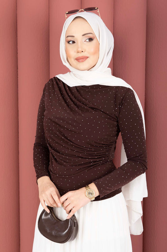 Stone Detailed Sandy Bodysuit Brown