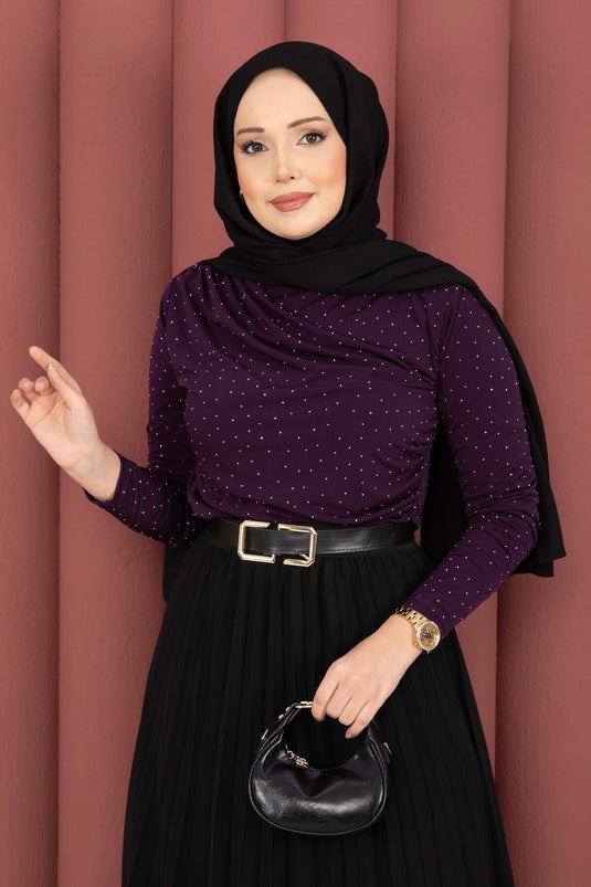 Taş Detaylı Sandy Body Mürdüm