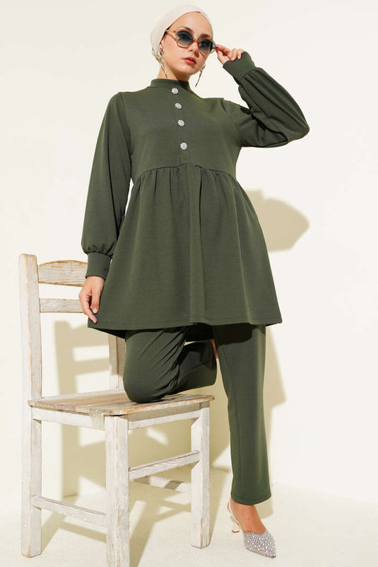 Stone Button Detailed Two Piece Suit Khaki