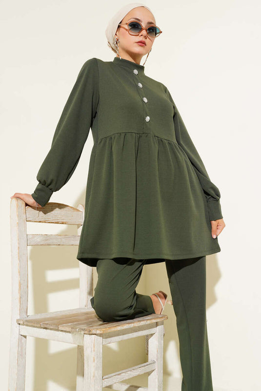 Stone Button Detailed Two Piece Suit Khaki