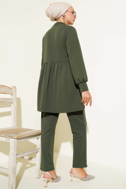 Stone Button Detailed Two Piece Suit Khaki