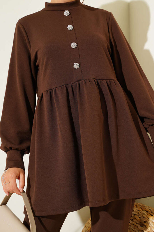 Stone Button Detailed Two Piece Set Brown