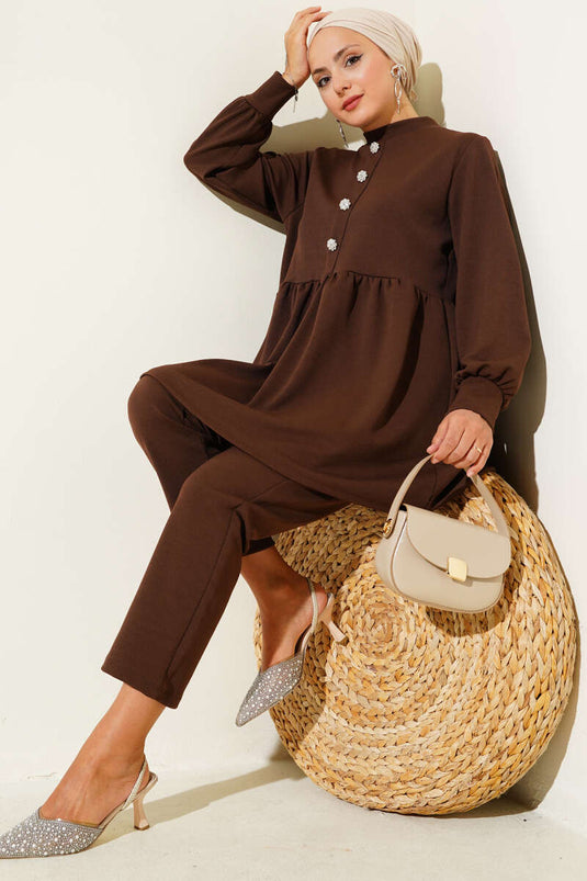 Stone Button Detailed Two Piece Set Brown