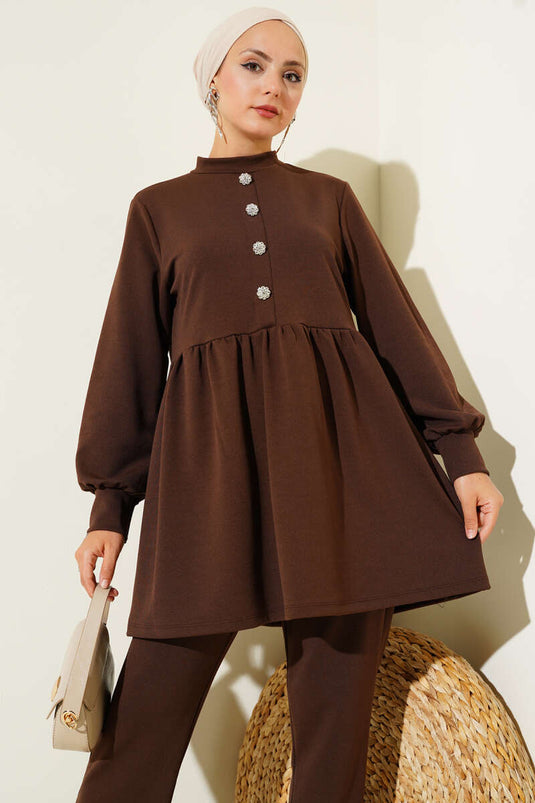 Stone Button Detailed Two Piece Set Brown