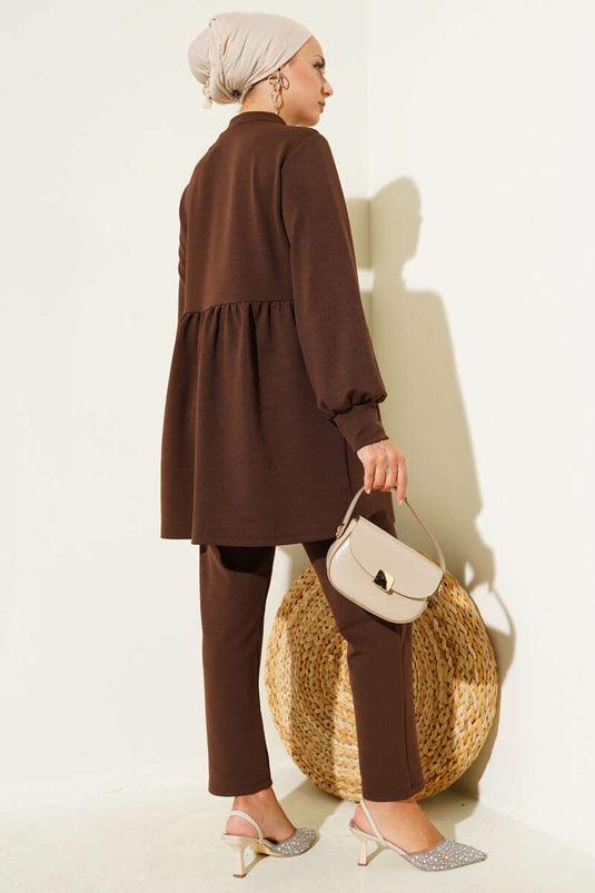 Stone Button Detailed Two Piece Set Brown