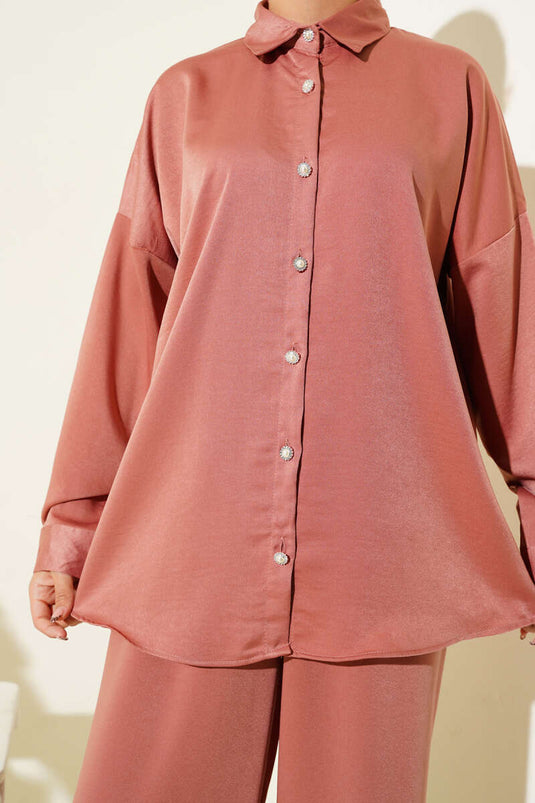 Stone Button Detailed Two Piece Set Powder