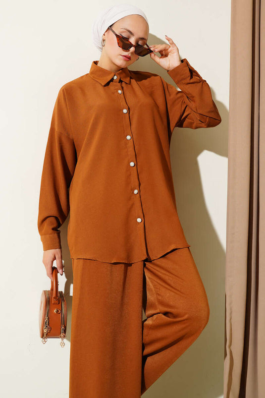 Stone Button Detailed Two-Piece Set Tan