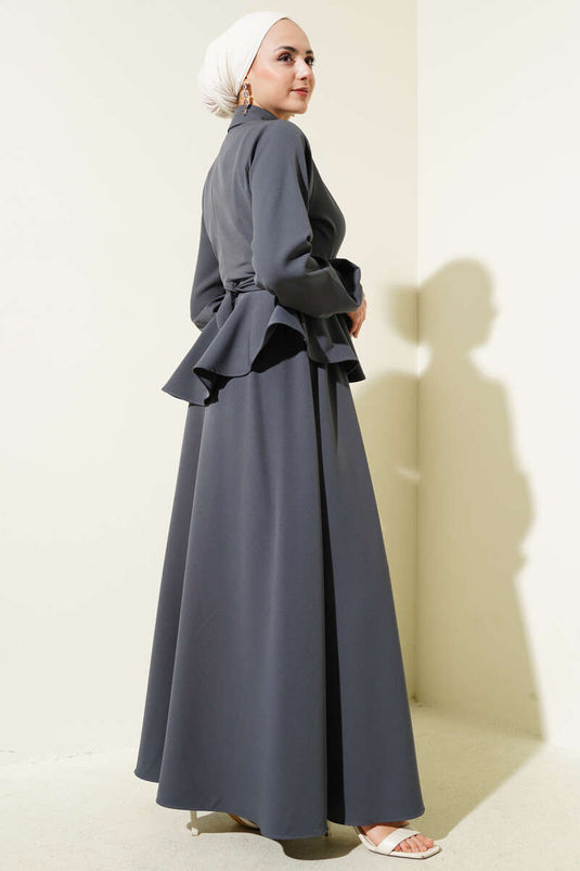 Taş Düğmeli Bağlamalı Etekli Takım Füme