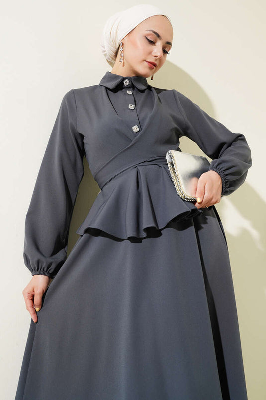 Taş Düğmeli Bağlamalı Etekli Takım Füme