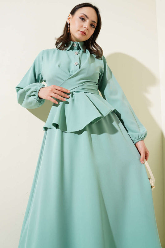 Stone Buttoned Tied Skirt Suit Mint