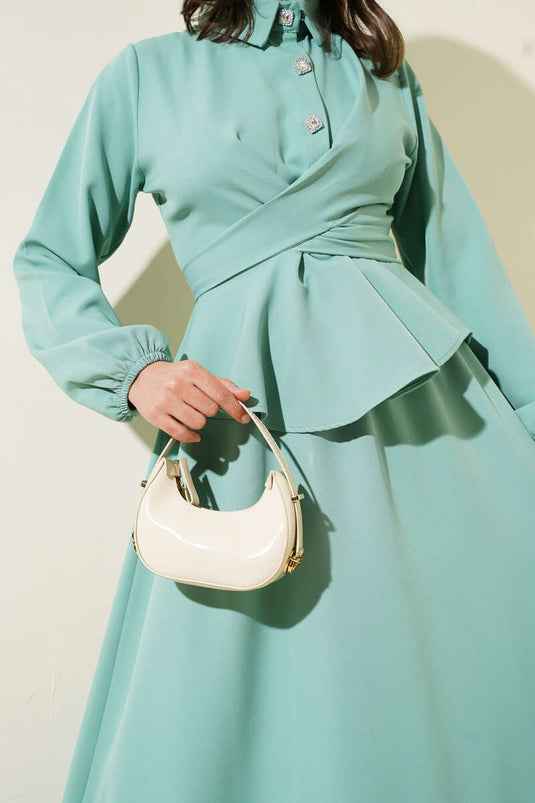 Stone Buttoned Tied Skirt Suit Mint