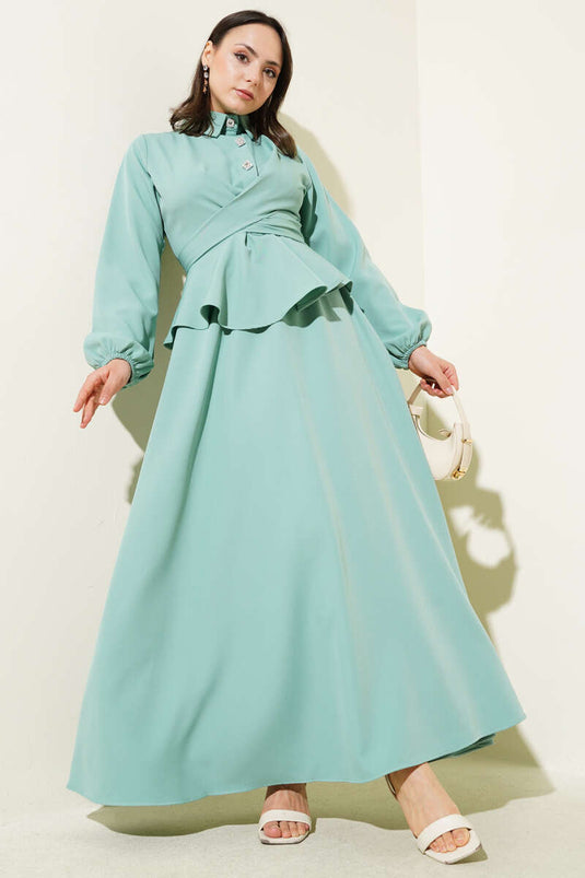 Stone Buttoned Tied Skirt Suit Mint