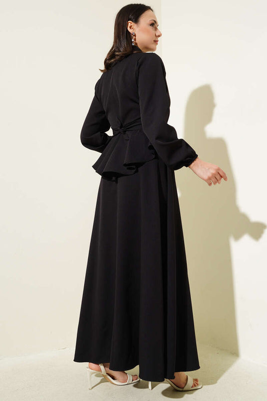 Taş Düğmeli Bağlamalı Etekli Takım Siyah