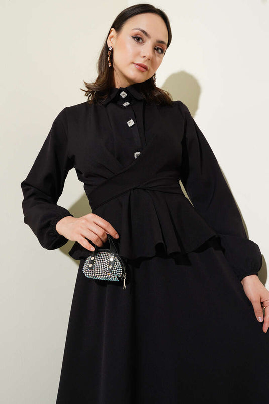 Taş Düğmeli Bağlamalı Etekli Takım Siyah