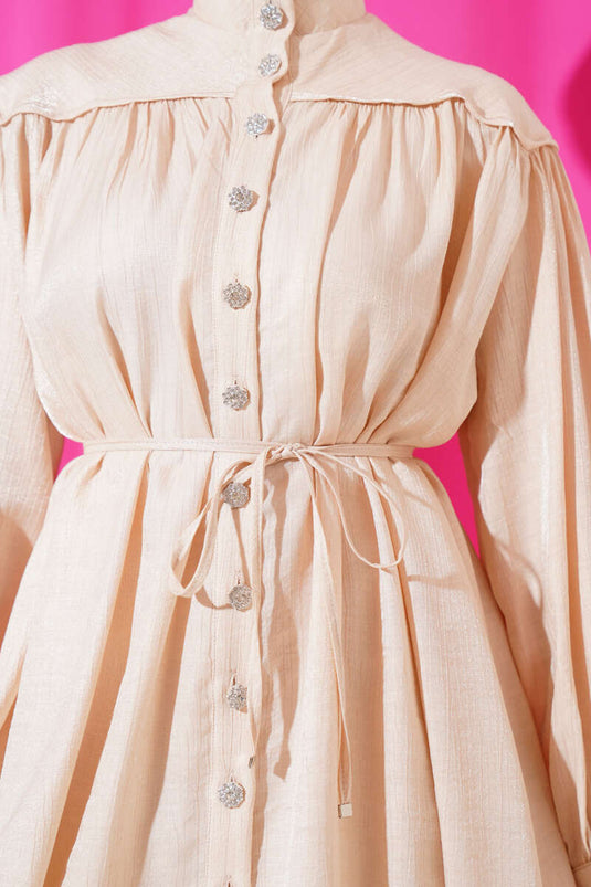 Taş Düğmeli Büzgülü İkili Takım Bej