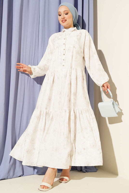 Taş Düğmeli Çiçek Desenli Elbise Ekru
