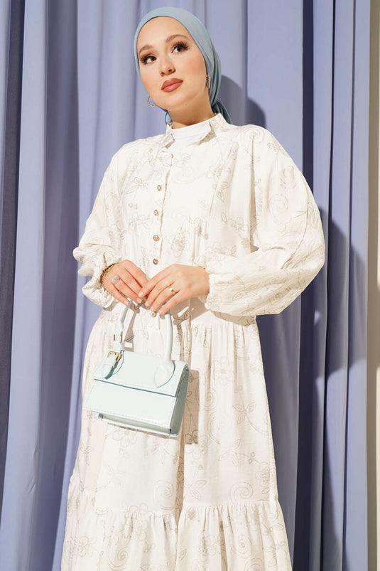 Taş Düğmeli Çiçek Desenli Elbise Ekru