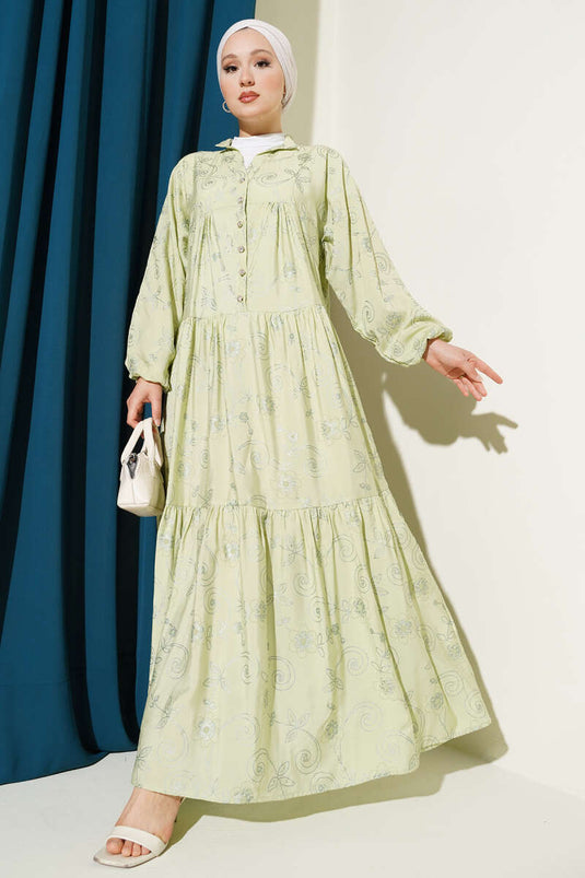 فستان مزين بأزرار حجرية ونقشة زهور، لون أخضر مائي