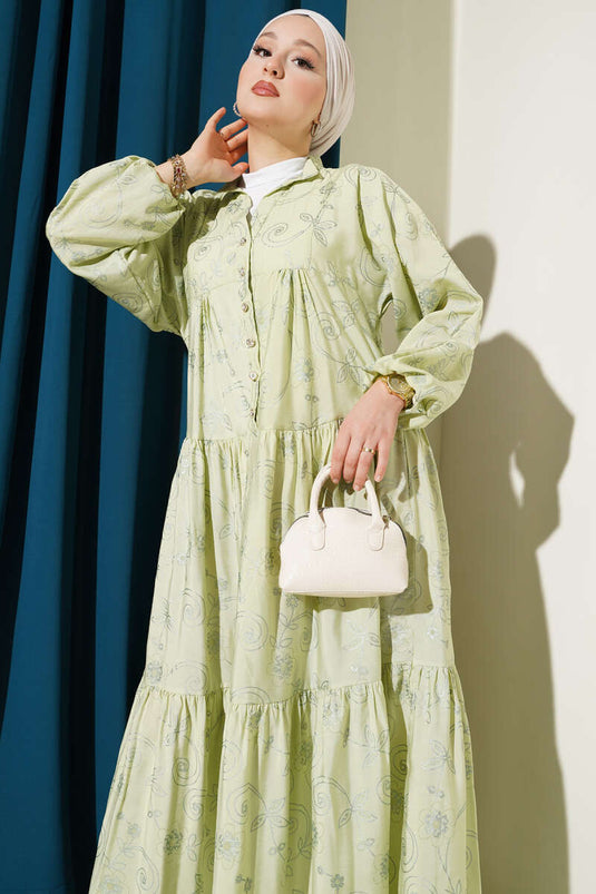 فستان مزين بأزرار حجرية ونقشة زهور، لون أخضر مائي