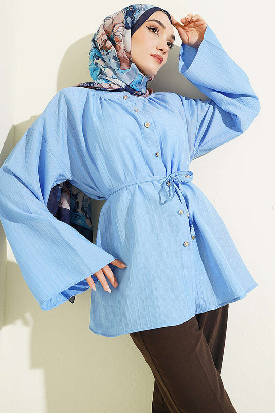 Blue Shirt with Stone Buttons and Striped Embossing
