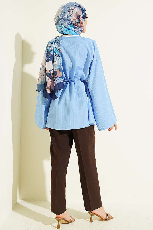 Blue Shirt with Stone Buttons and Striped Embossing