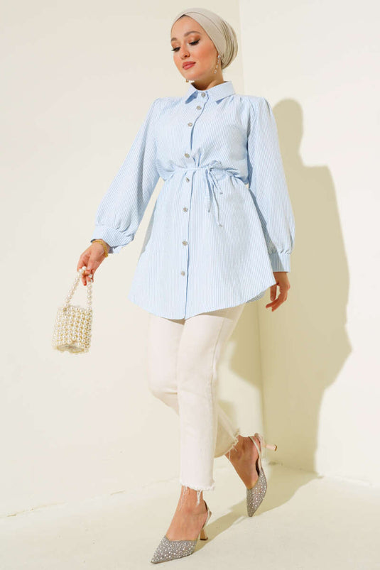 Taş Düğmeli Çizgili Gömlek Mavi