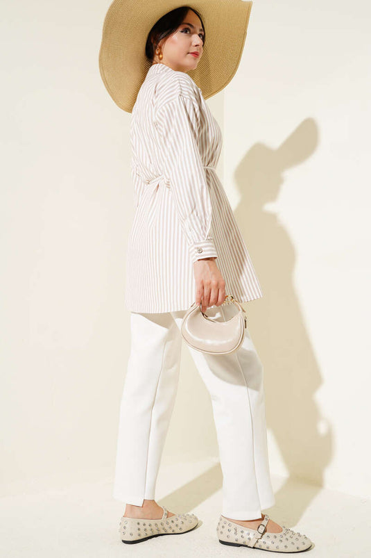 Taş Düğmeli Çizgili İp Kuşaklı Gömlek Latte