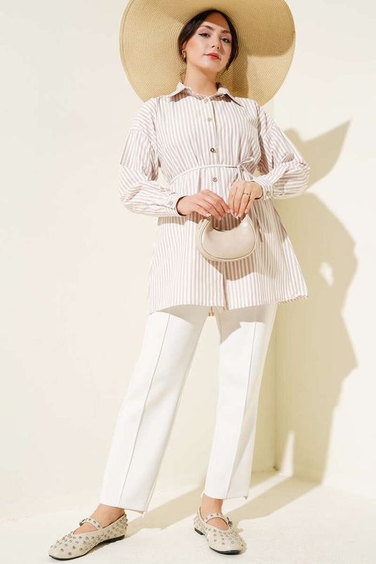 Taş Düğmeli Çizgili İp Kuşaklı Gömlek Latte