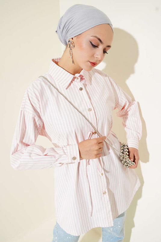 Taş Düğmeli Çizgili İp Kuşaklı Gömlek Pembe