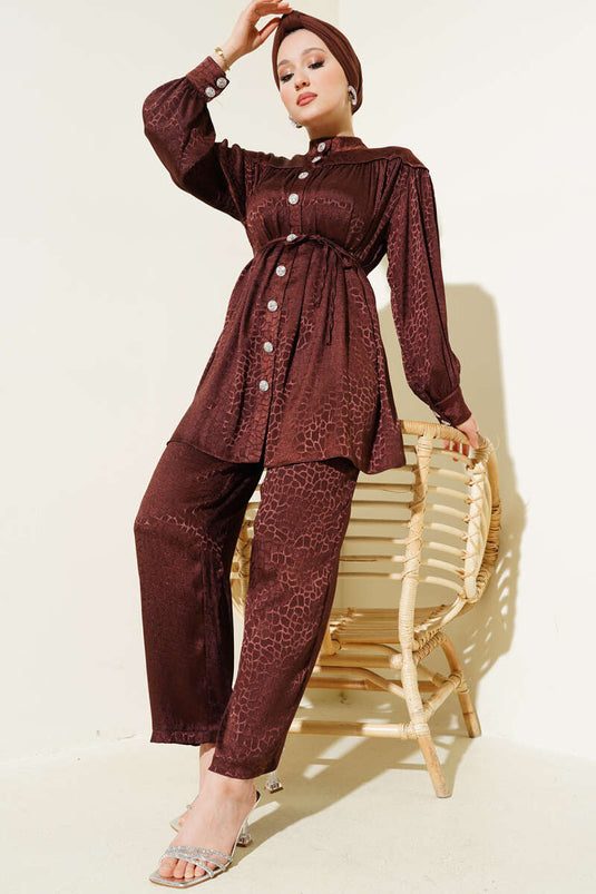 Stone Buttoned Patterned Jacquard Two Piece Suit Brown