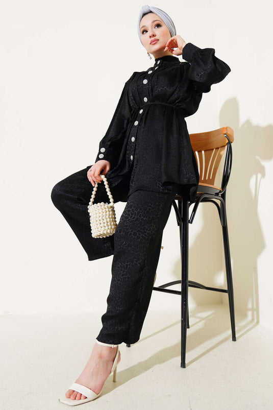 Stone Buttoned Patterned Jacquard Two Piece Suit Black