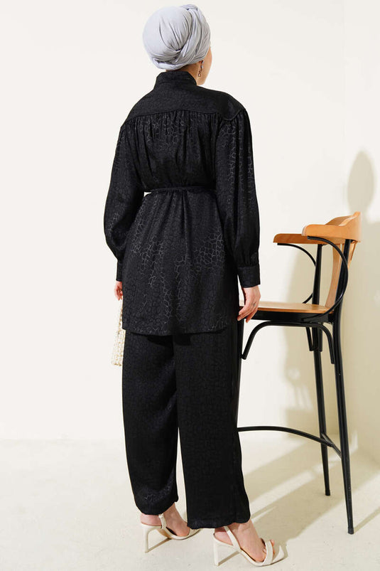 Stone Buttoned Patterned Jacquard Two Piece Suit Black