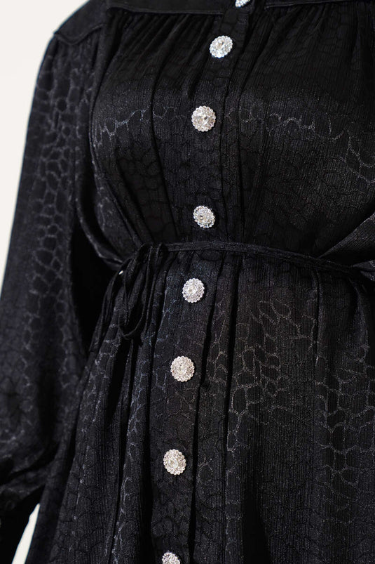 Stone Buttoned Patterned Jacquard Two Piece Suit Black