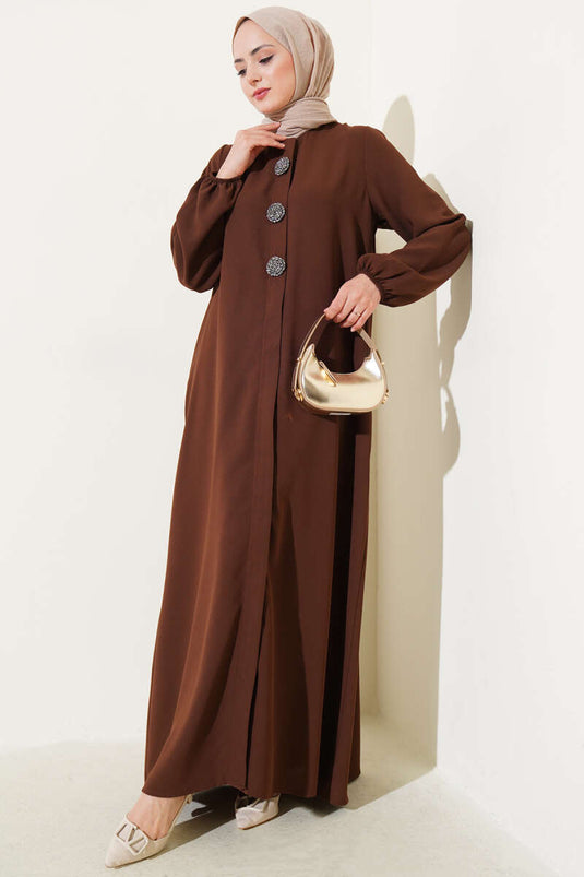 Stone Button Detailed Plus Size Abaya Brown