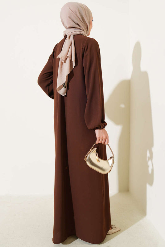 Taş Düğmeli Detaylı Büyük Beden Ferace Kahve